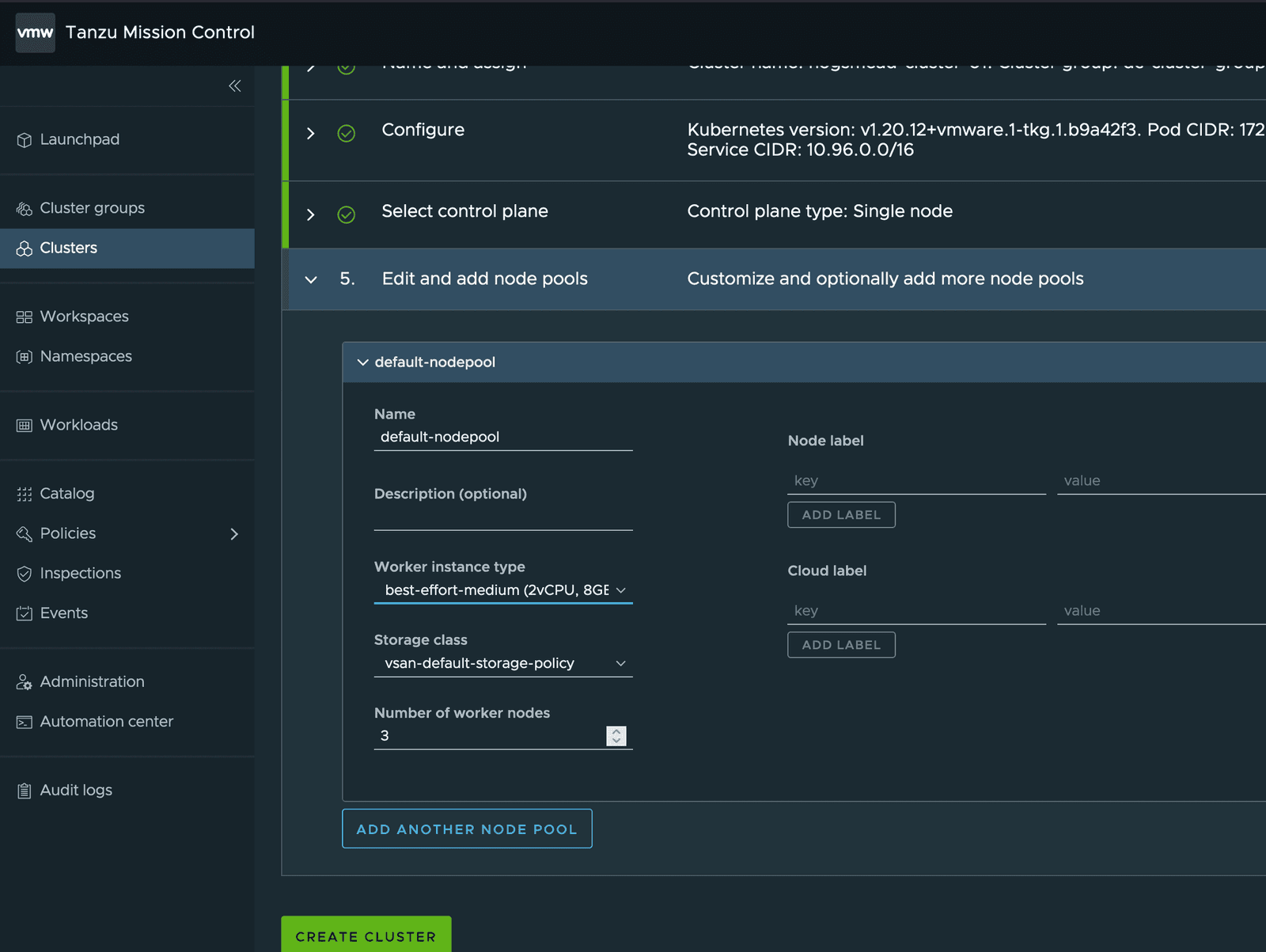 Tanzu Mission Control Cluster Provisioning Node Pool